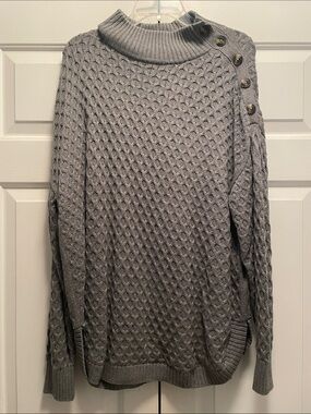 Motherhood Maternity Gray Cable Knit Turtleneck Sweater with Shoulder Buttons